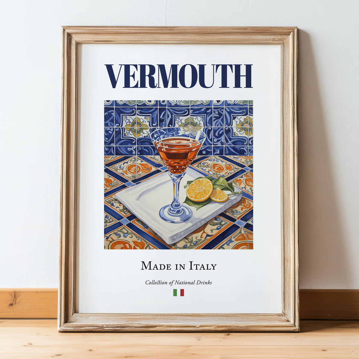 Vermouth – Italian Liqueur Drink, Cocktail Lounge Wall Art, in wooden frame leaning on the floor