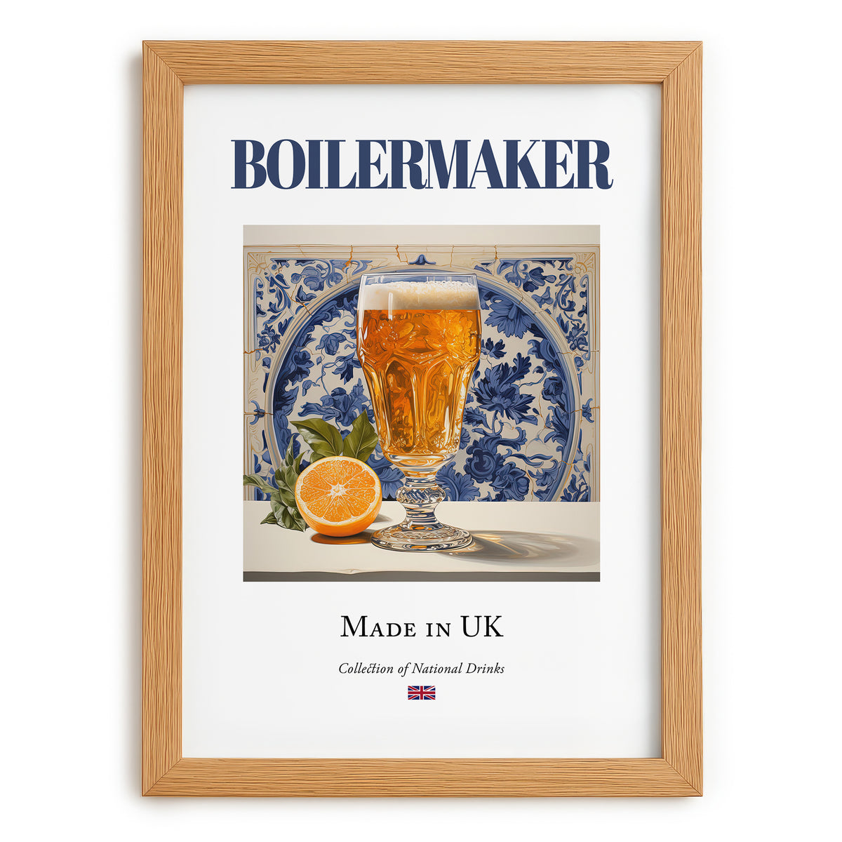 Boilermaker – English Cocktail Drink, Beach Bar Print, set in oak frame