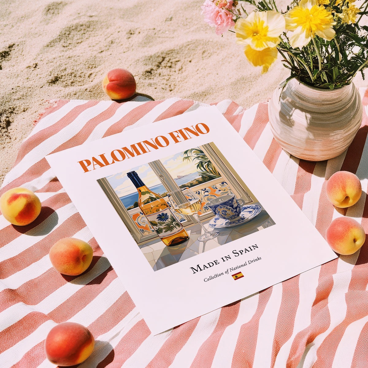 Palomino Fino – Spanish White Wine, Vineyard Terrace Print, unframed on coastal sand