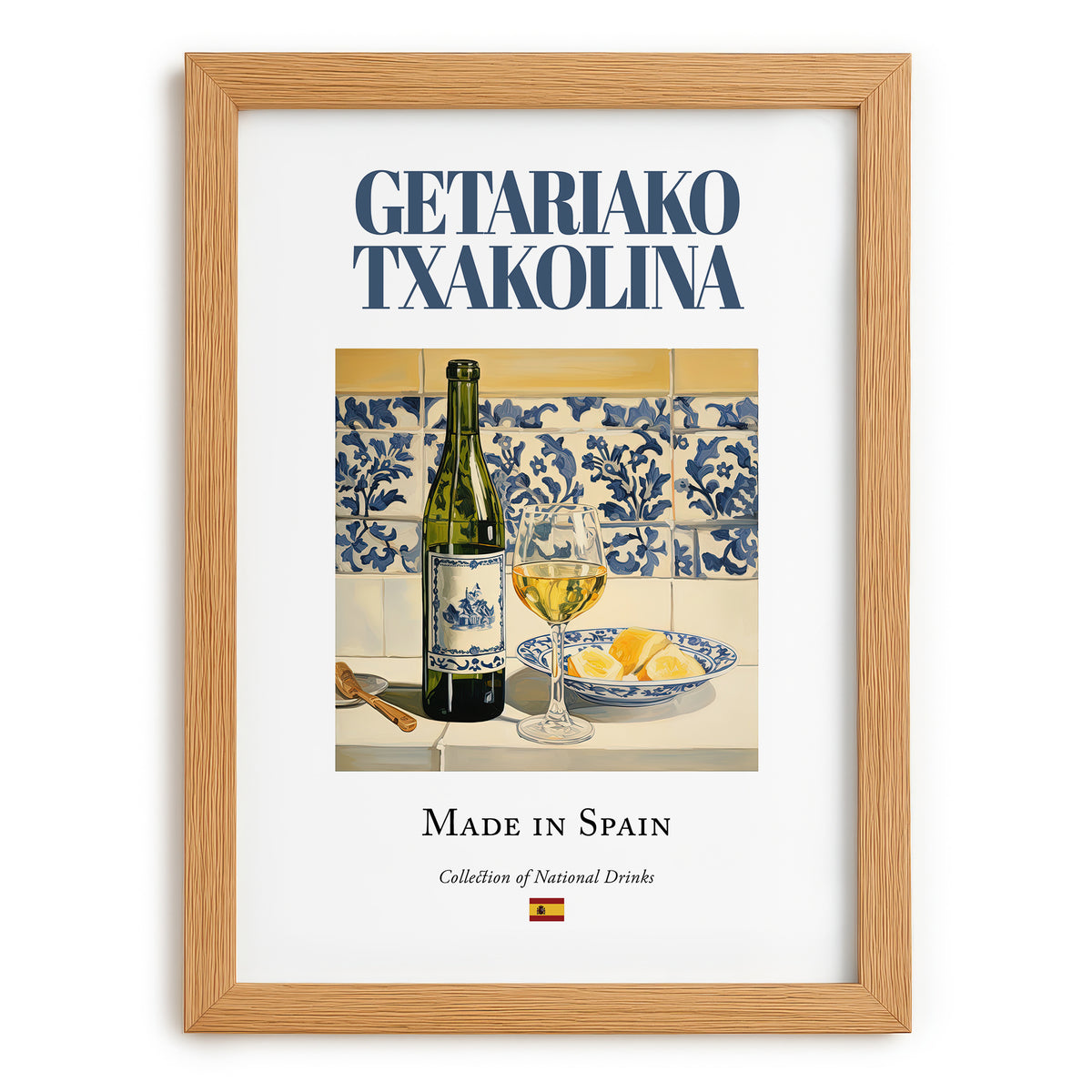 Getariako Txakolina – Spanish White Wine, Vineyard Terrace Painting, set in oak frame