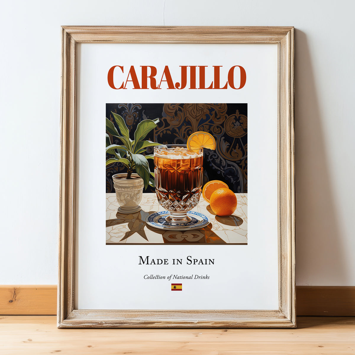 Carajillo – Spanish Coffee, Konditorei Still Life, in wooden frame leaning on the floor