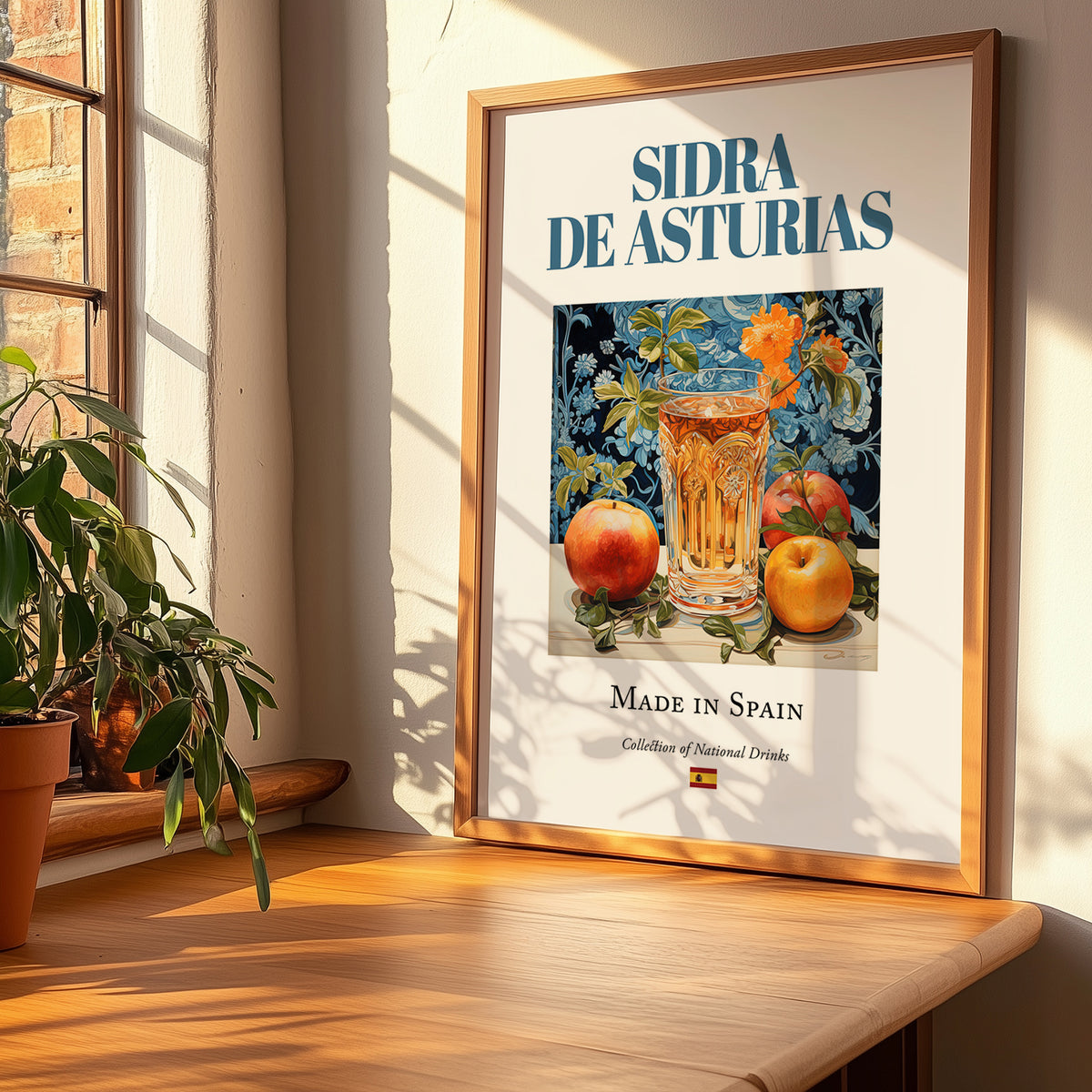 Sidra de Asturias – Spanish Cider Cider, Farmers’ Market Stall Print, no-text version framed in wood