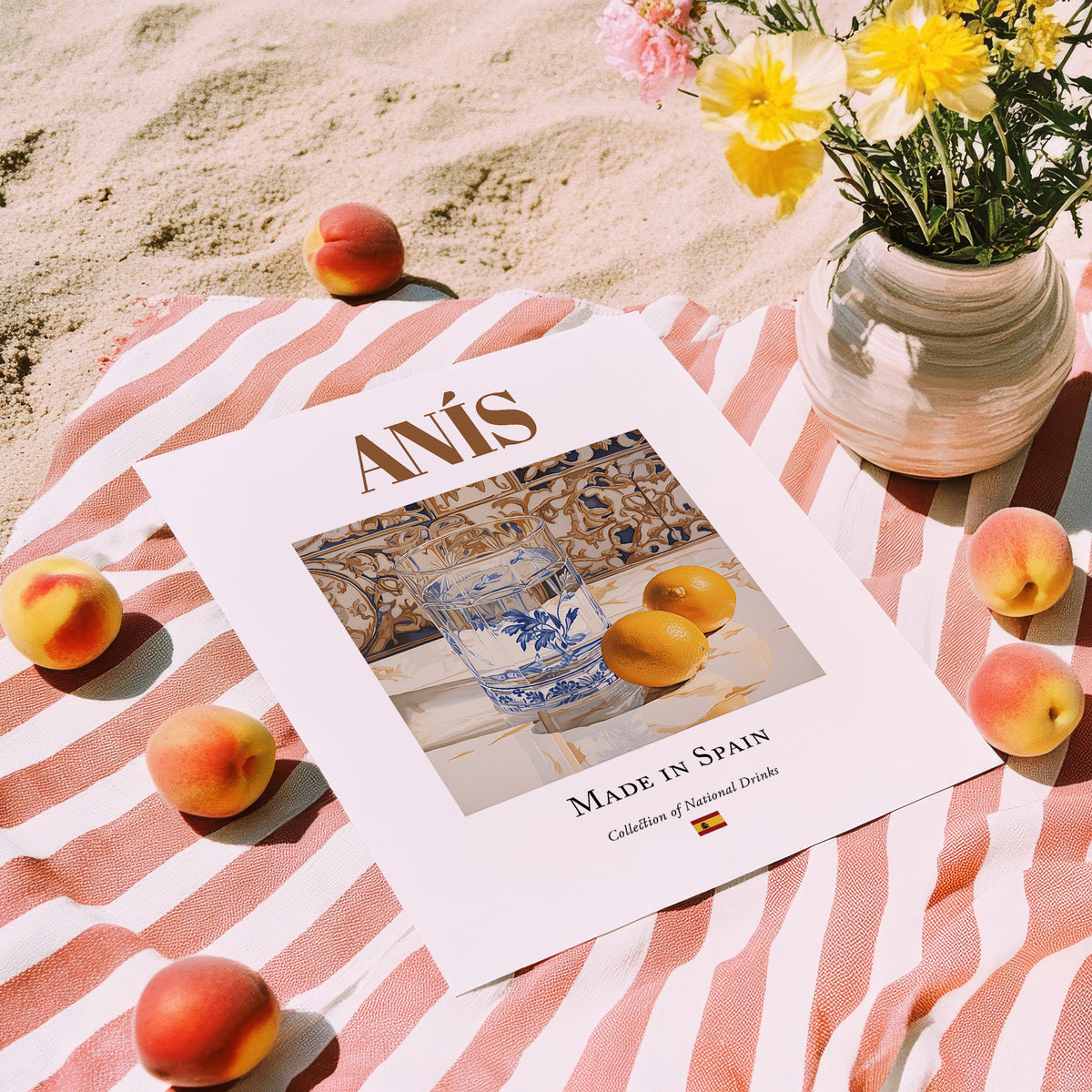 Anís – Spanish Spirit Drink, Speakeasy Print, unframed on coastal sand