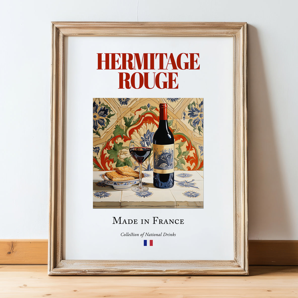Hermitage rouge – French Red Wine, Vinoteca Poster, in wooden frame leaning on the floor