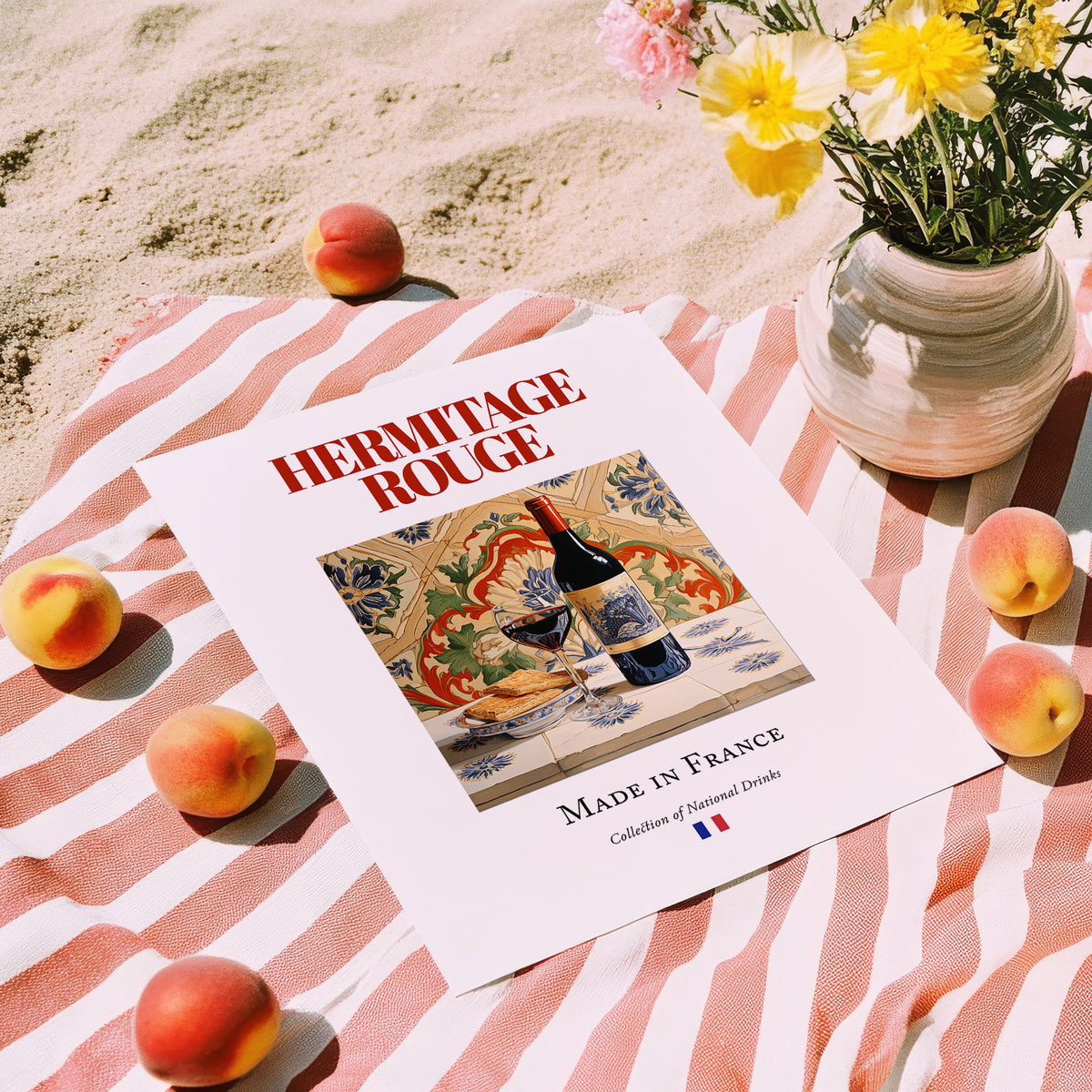 Hermitage rouge – French Red Wine, Vinoteca Poster, unframed on coastal sand