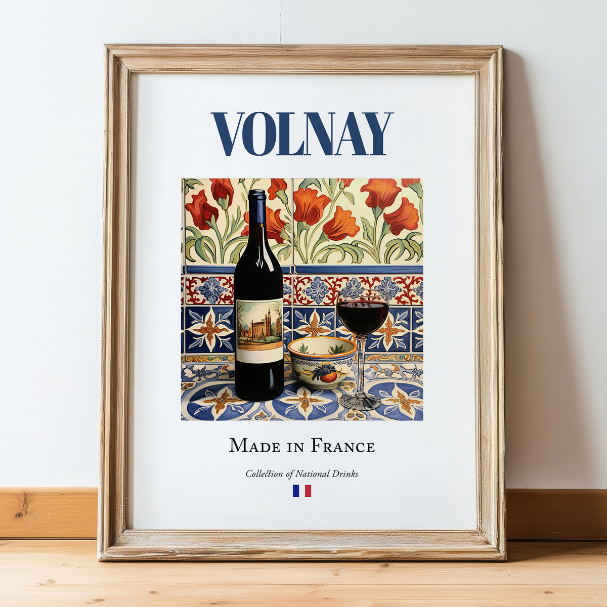 Volnay – French Red Wine, Vineyard Terrace Poster, in wooden frame leaning on the floor