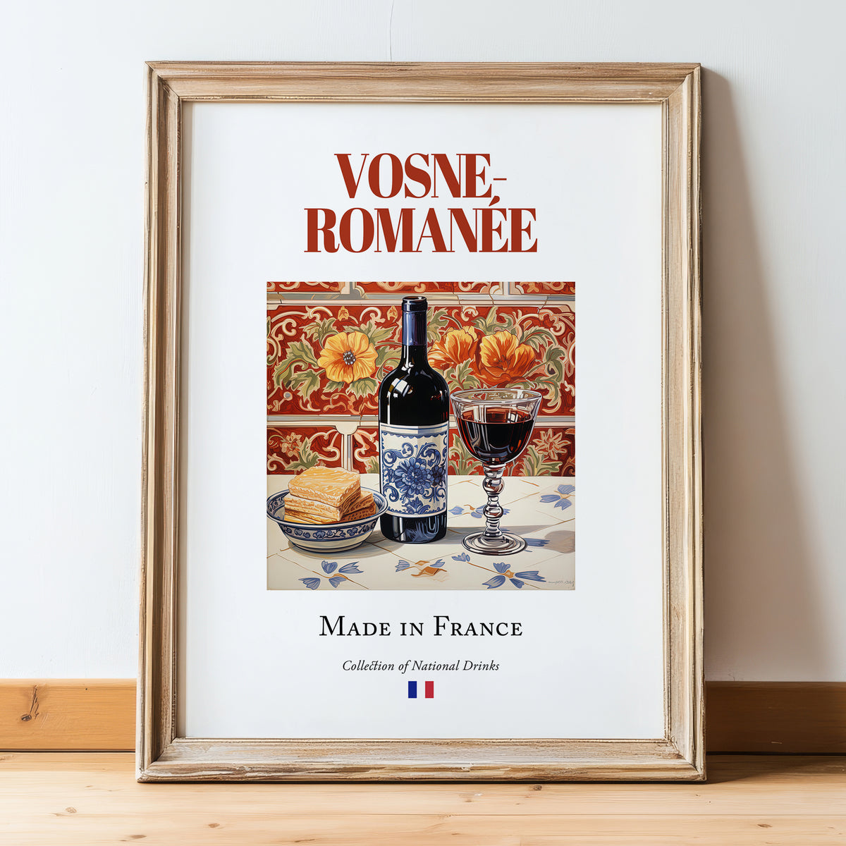 Vosne-Romanée – French Red Wine, Vinoteca Print, in wooden frame leaning on the floor