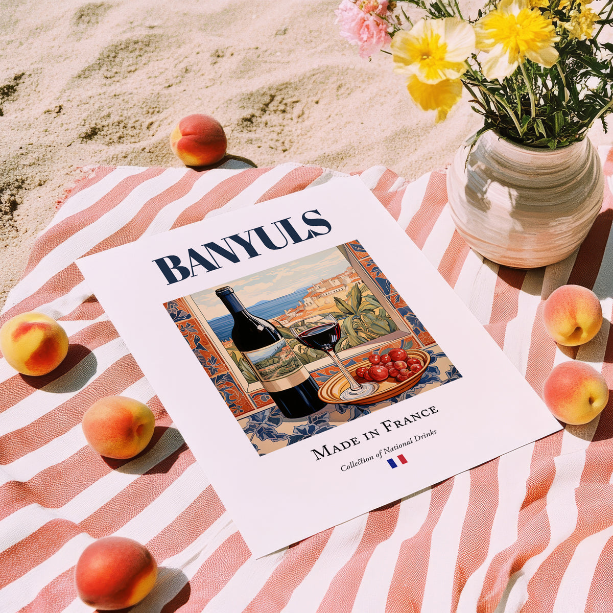 Banyuls – French Dessert Wine, Vineyard Terrace Art, unframed on coastal sand