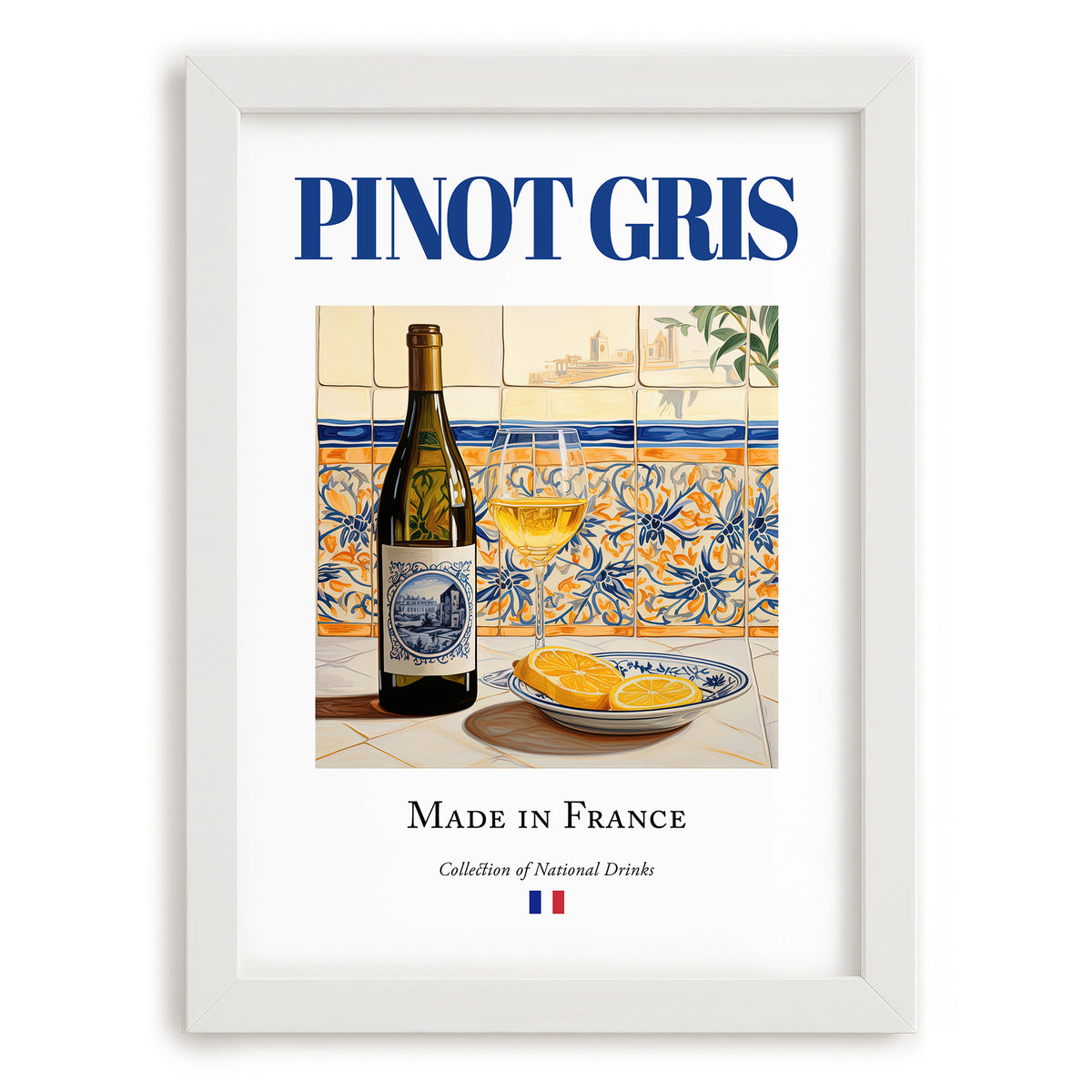 Pinot Gris – French White Wine, Tasting Room Still Life, placed in minimal white frame