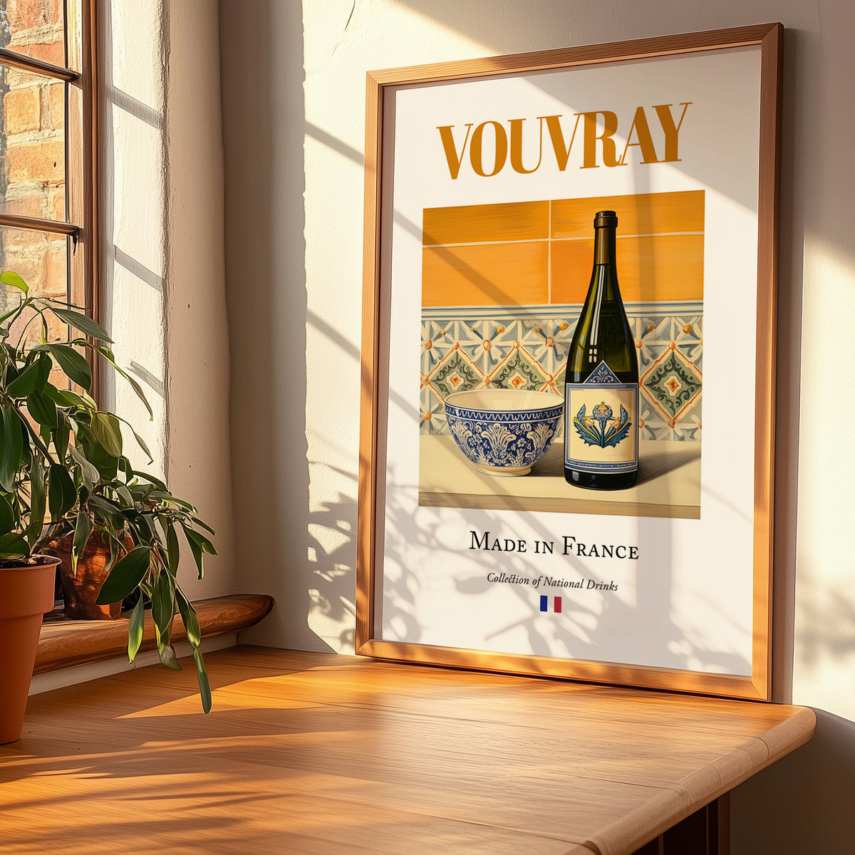 Vouvray – French White Wine, Wine Bar Wall Art, no-text version framed in wood