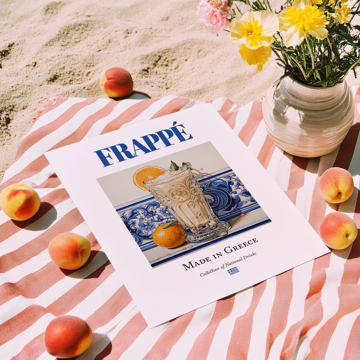 Frappé – Greek Coffee, Espresso Bar Illustration, unframed on coastal sand