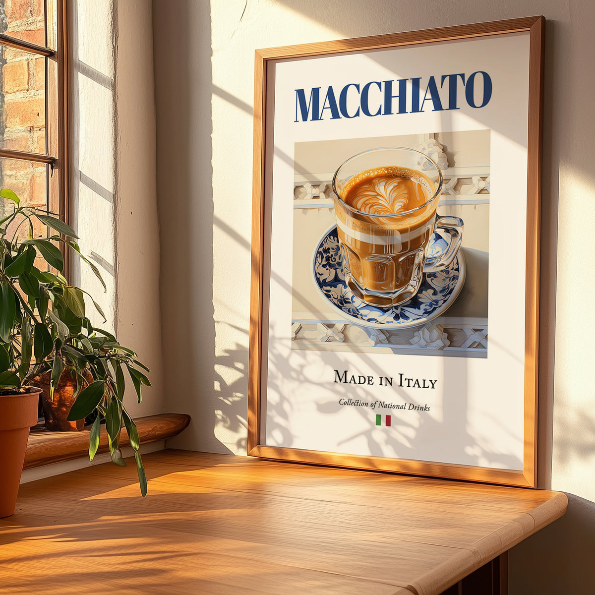 Macchiato – Italian Coffee, Book Café Wall Decor, no-text version framed in wood