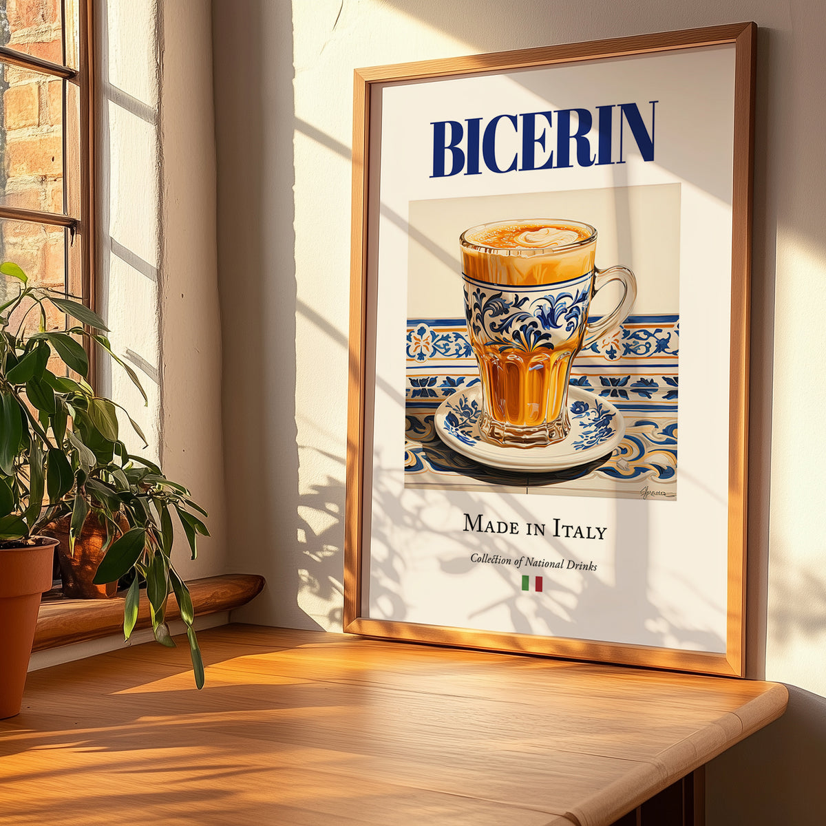 Bicerin – Italian Coffee, Book Café Art, no-text version framed in wood
