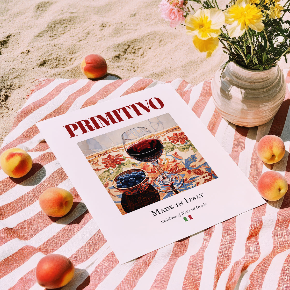 Primitivo – Italian Red Wine, Vinoteca Wall Art, unframed on coastal sand