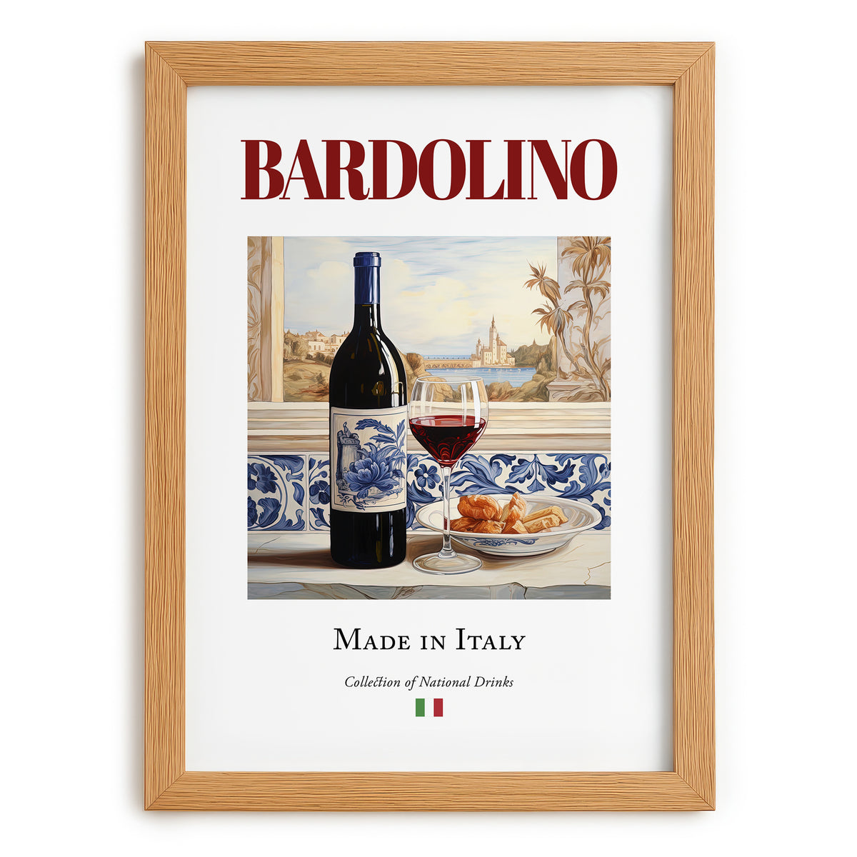 Bardolino – Italian Red Wine, Wine Bar Wall Decor, set in oak frame