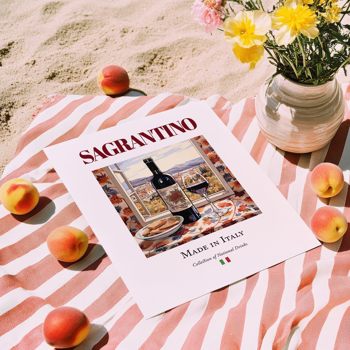 Sagrantino – Italian Red Wine, Wine Bar Wall Art, unframed on coastal sand