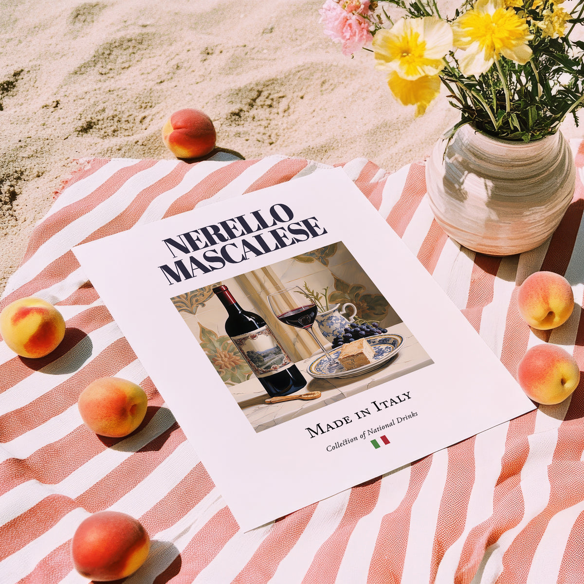 Nerello Mascalese – Italian Red Wine, Tasting Room Wall Art, unframed on coastal sand