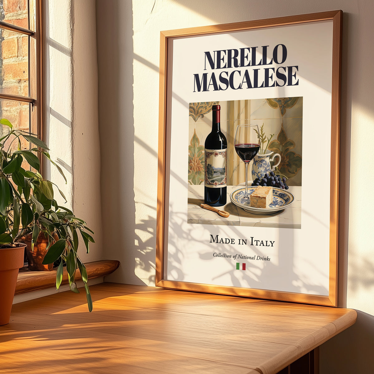 Nerello Mascalese – Italian Red Wine, Tasting Room Wall Art, no-text version framed in wood
