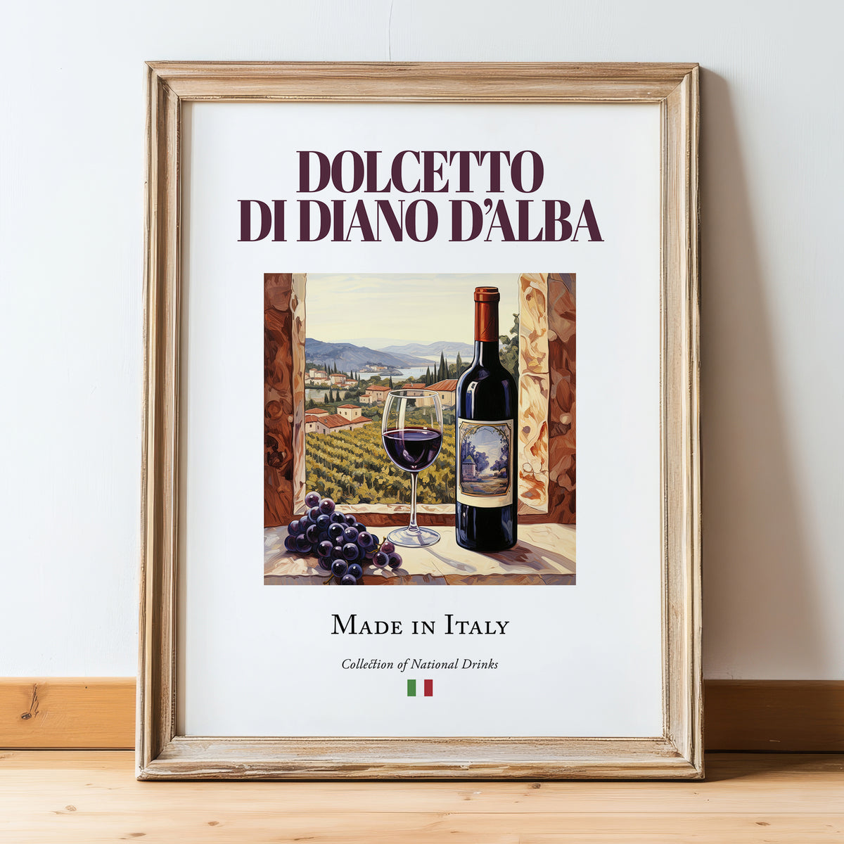 Dolcetto di Diano d’Alba – Italian Red Wine, Vineyard Terrace Painting, in wooden frame leaning on the floor