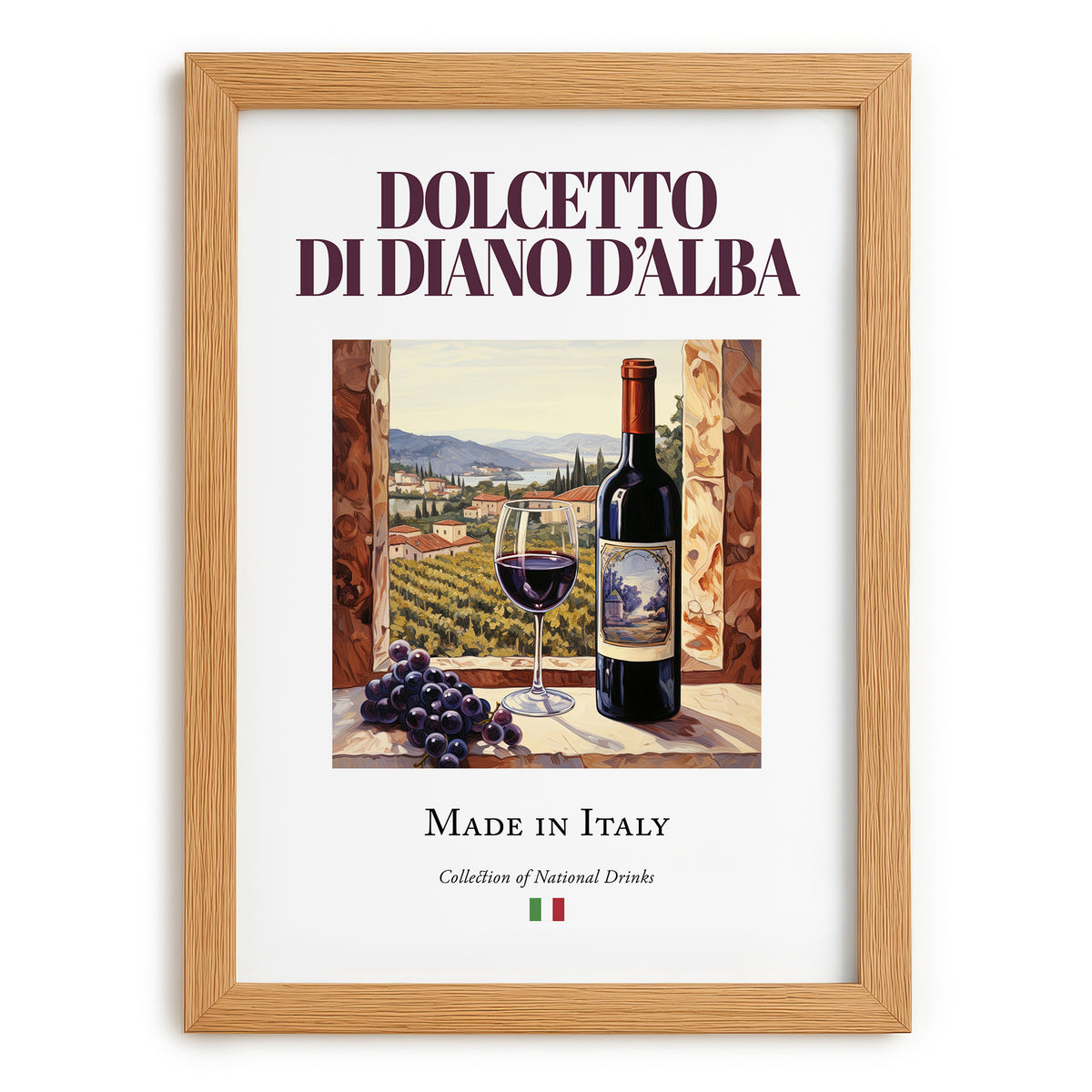 Dolcetto di Diano d’Alba – Italian Red Wine, Vineyard Terrace Painting, set in oak frame