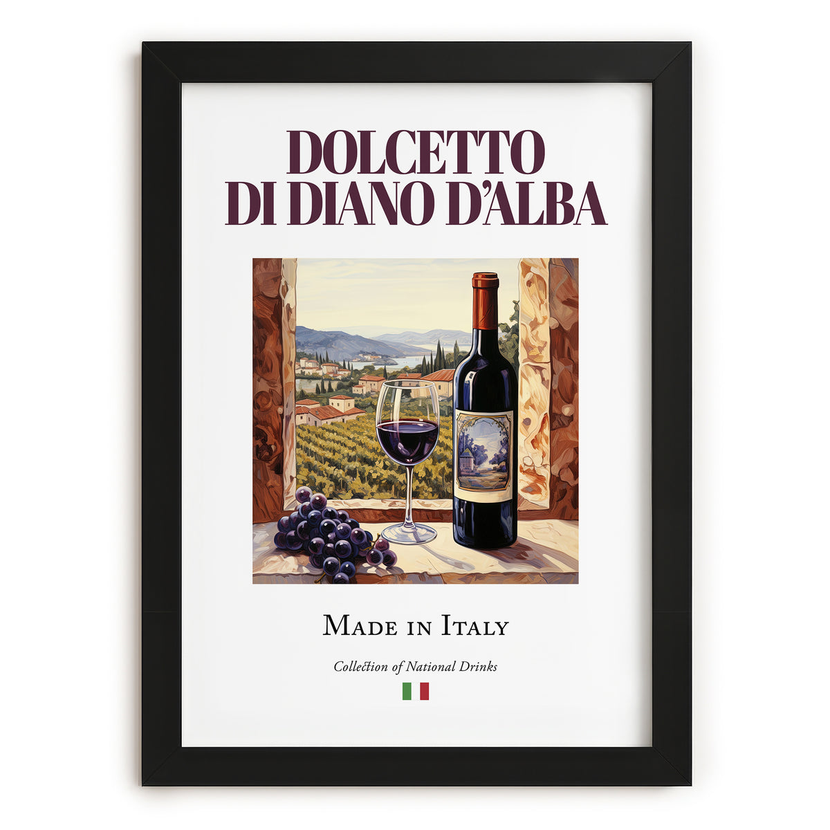 Dolcetto di Diano d’Alba – Italian Red Wine, Vineyard Terrace Painting, in sleek black frame