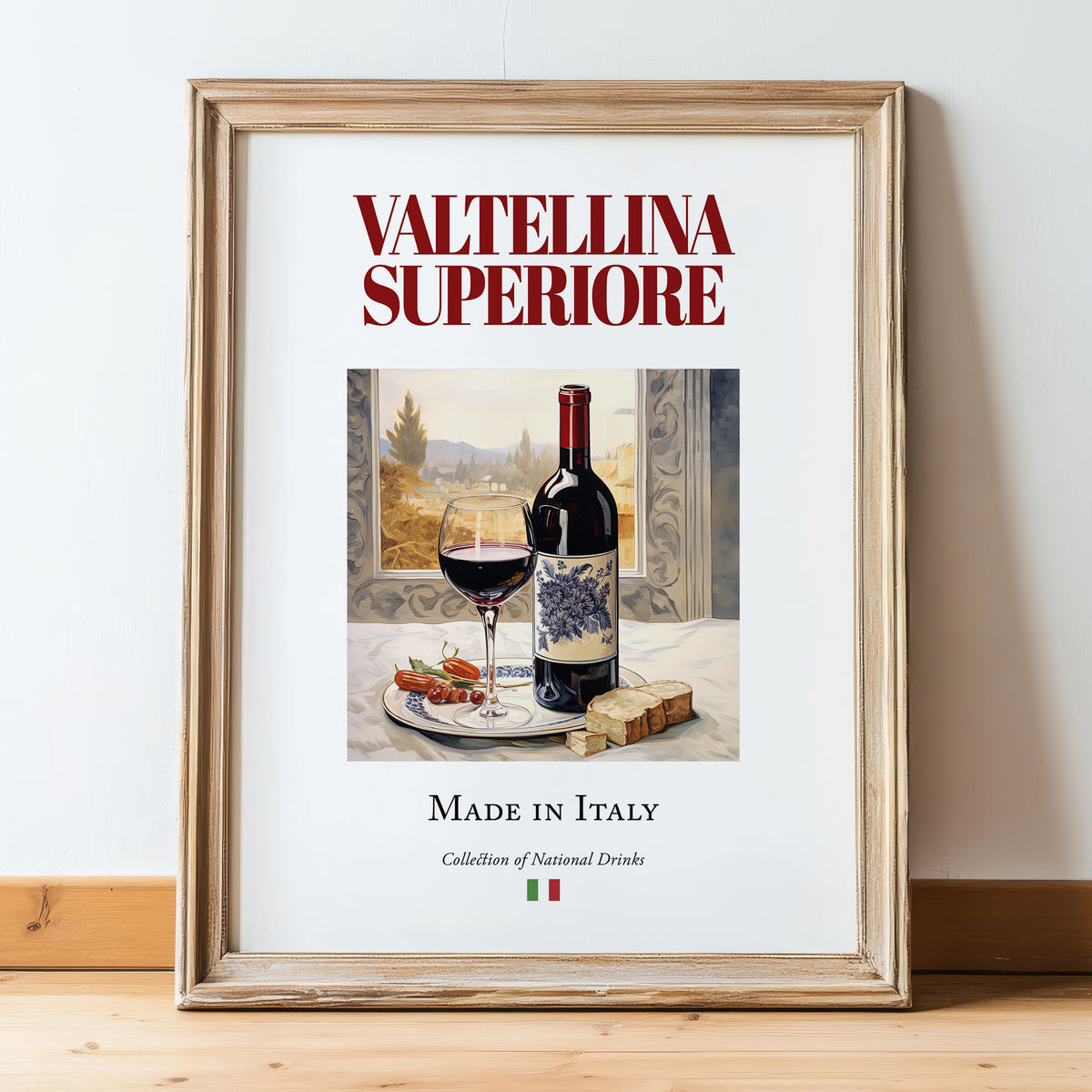 Valtellina Superiore – Italian Red Wine, Tasting Room Illustration, in wooden frame leaning on the floor
