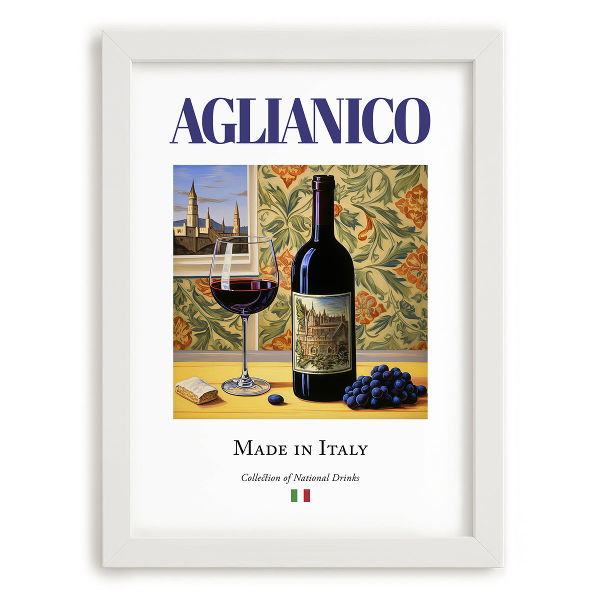 Aglianico – Italian Red Wine, Vinoteca Poster, placed in minimal white frame