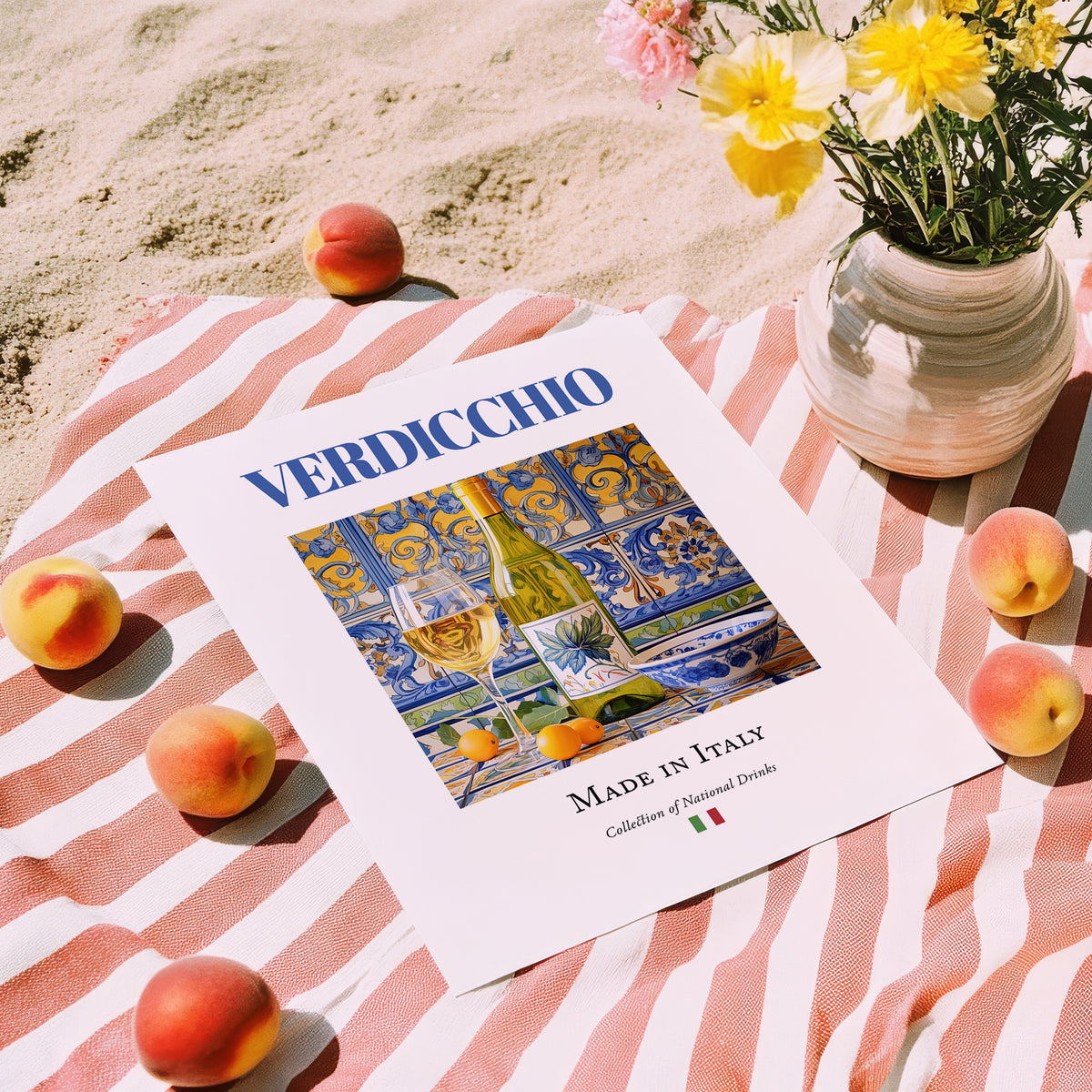 Verdicchio – Italian White Wine, Wine Bar Art, unframed on coastal sand