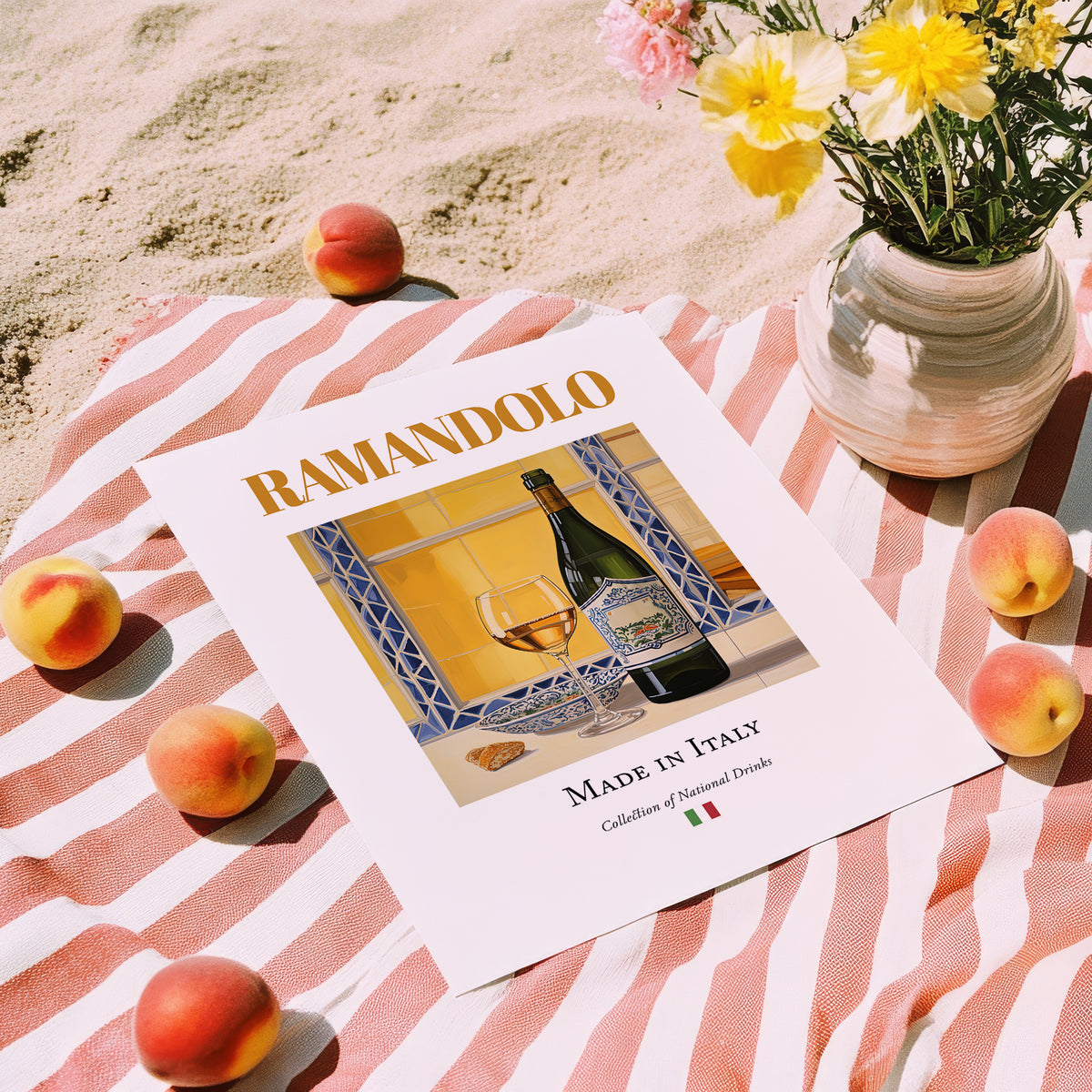 Ramandolo – Italian Dessert Wine, Wine Bar Print, unframed on coastal sand