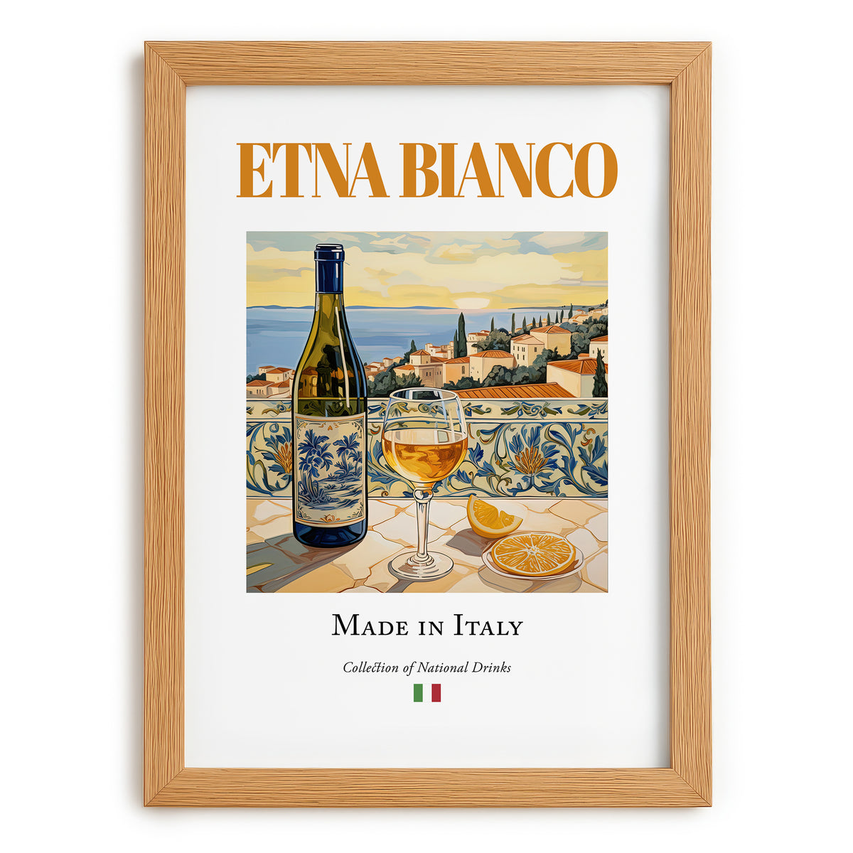 Etna Bianco – Italian White Wine, Vinoteca Print, set in oak frame