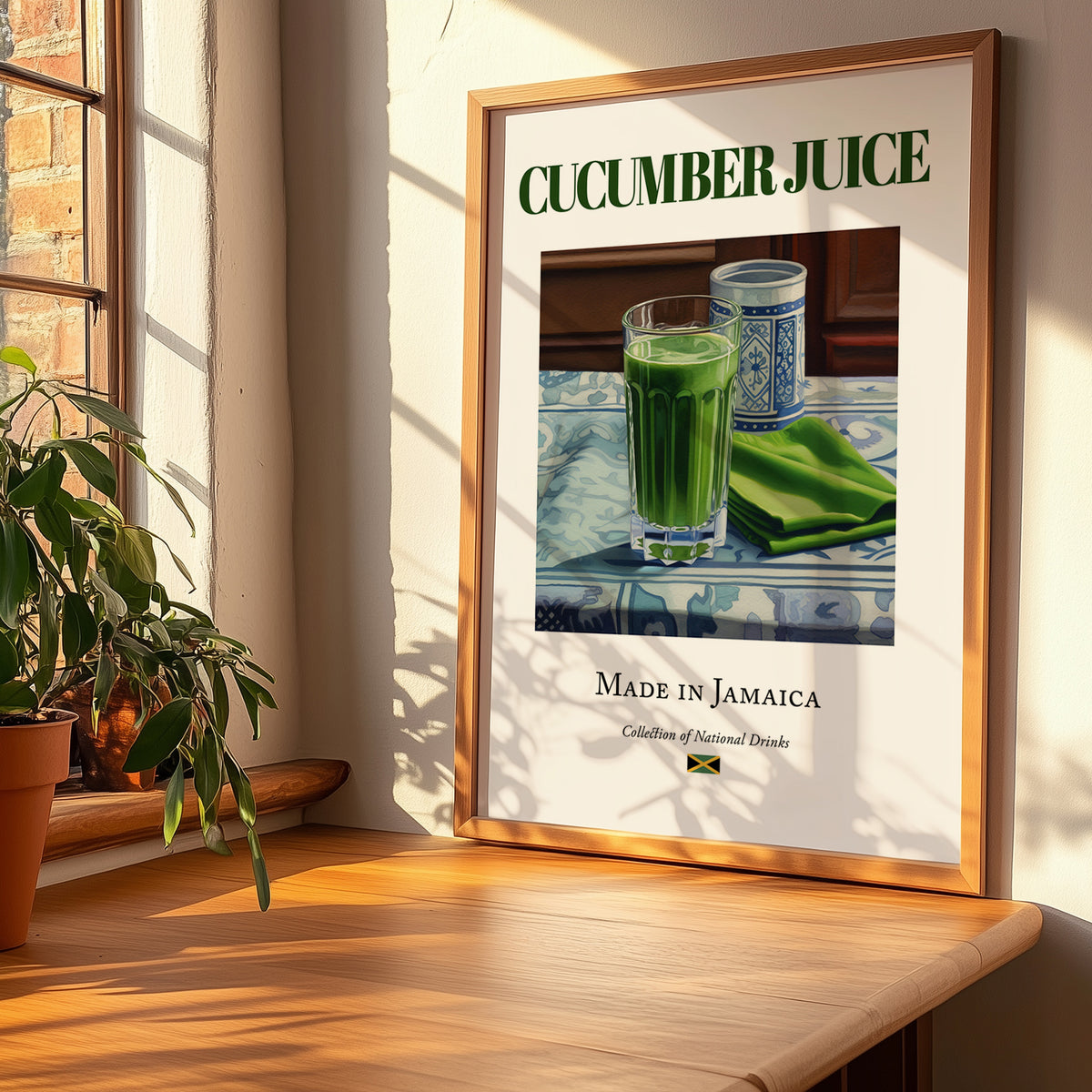 Cucumber Juice – Jamaican Beverage Drink, Rooftop Terrace Poster, no-text version framed in wood