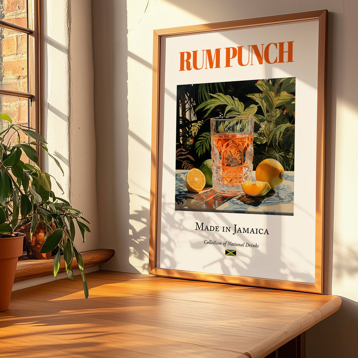 Rum Punch – Jamaican Cocktail Drink, Rooftop Terrace Wall Decor, no-text version framed in wood