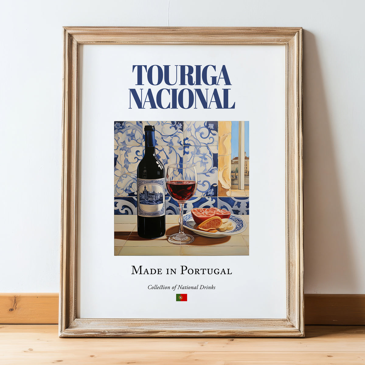Touriga Nacional – Portuguese Red Wine, Tasting Room Illustration, in wooden frame leaning on the floor