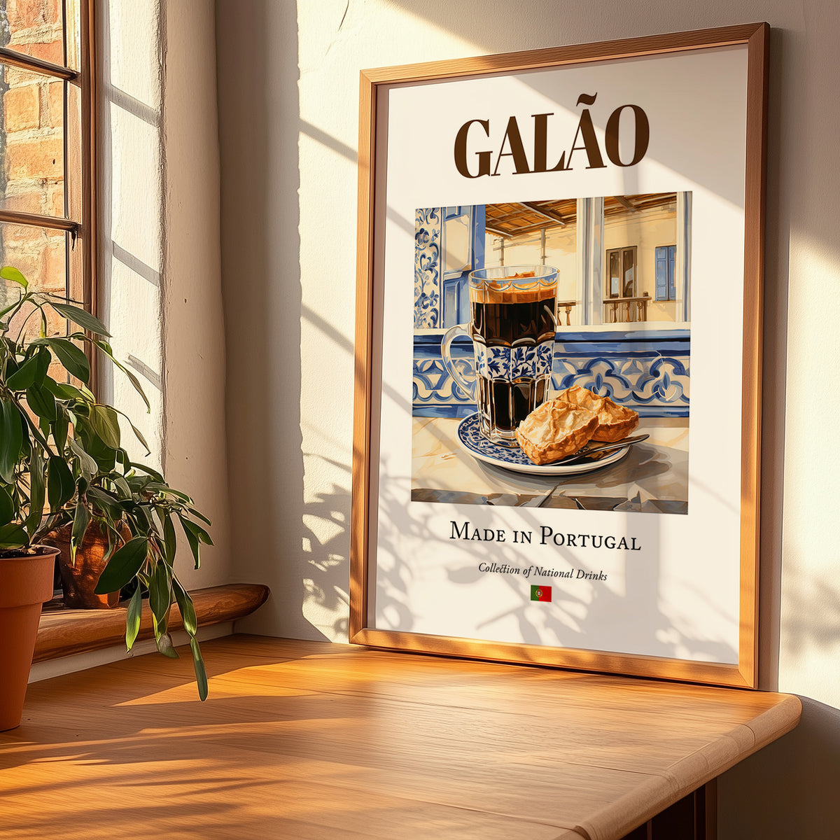 Galão – Portuguese Beverage Drink, Hotel Lobby Poster, no-text version framed in wood