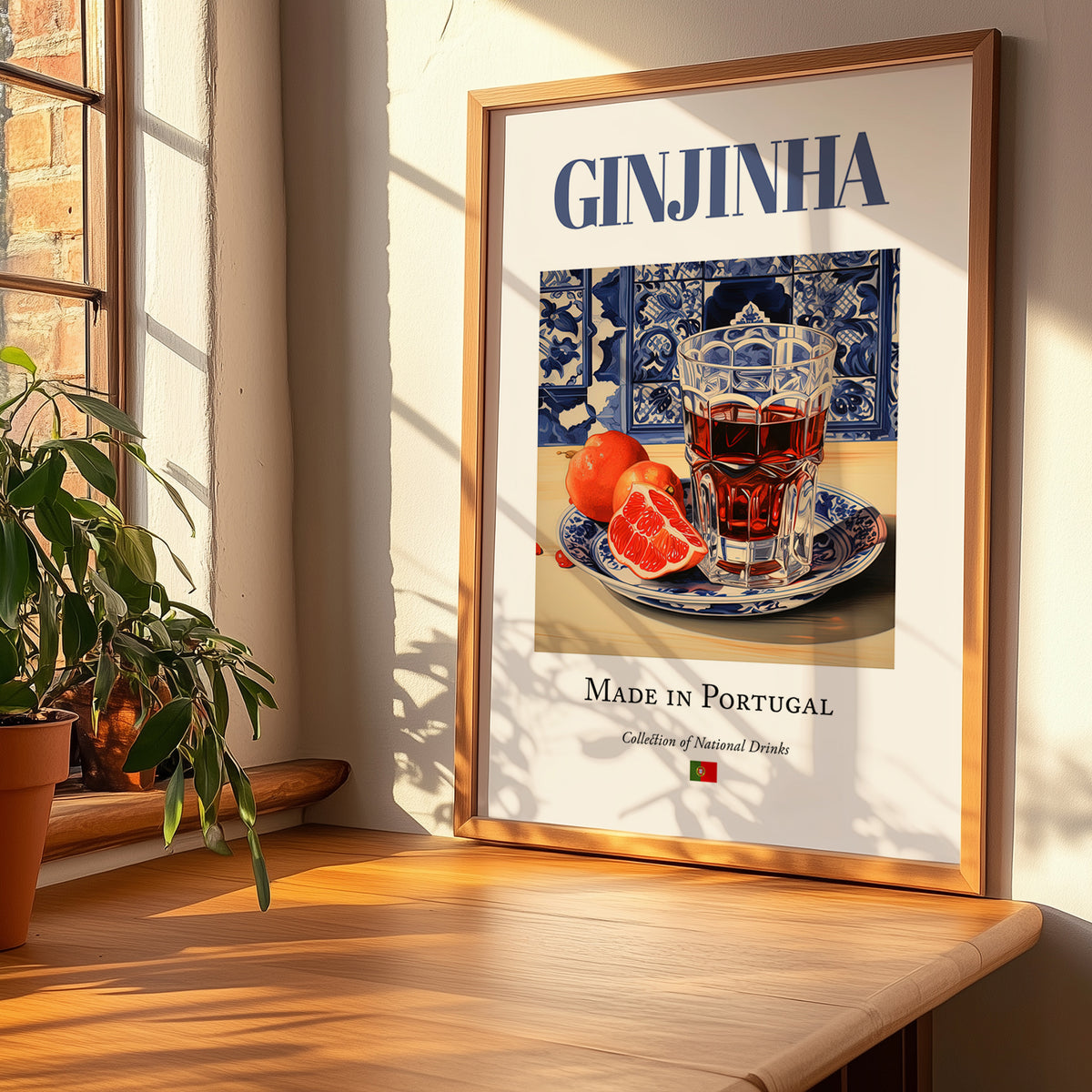 Ginjinha – Portuguese Spirit Drink, Rooftop Terrace Painting, no-text version framed in wood