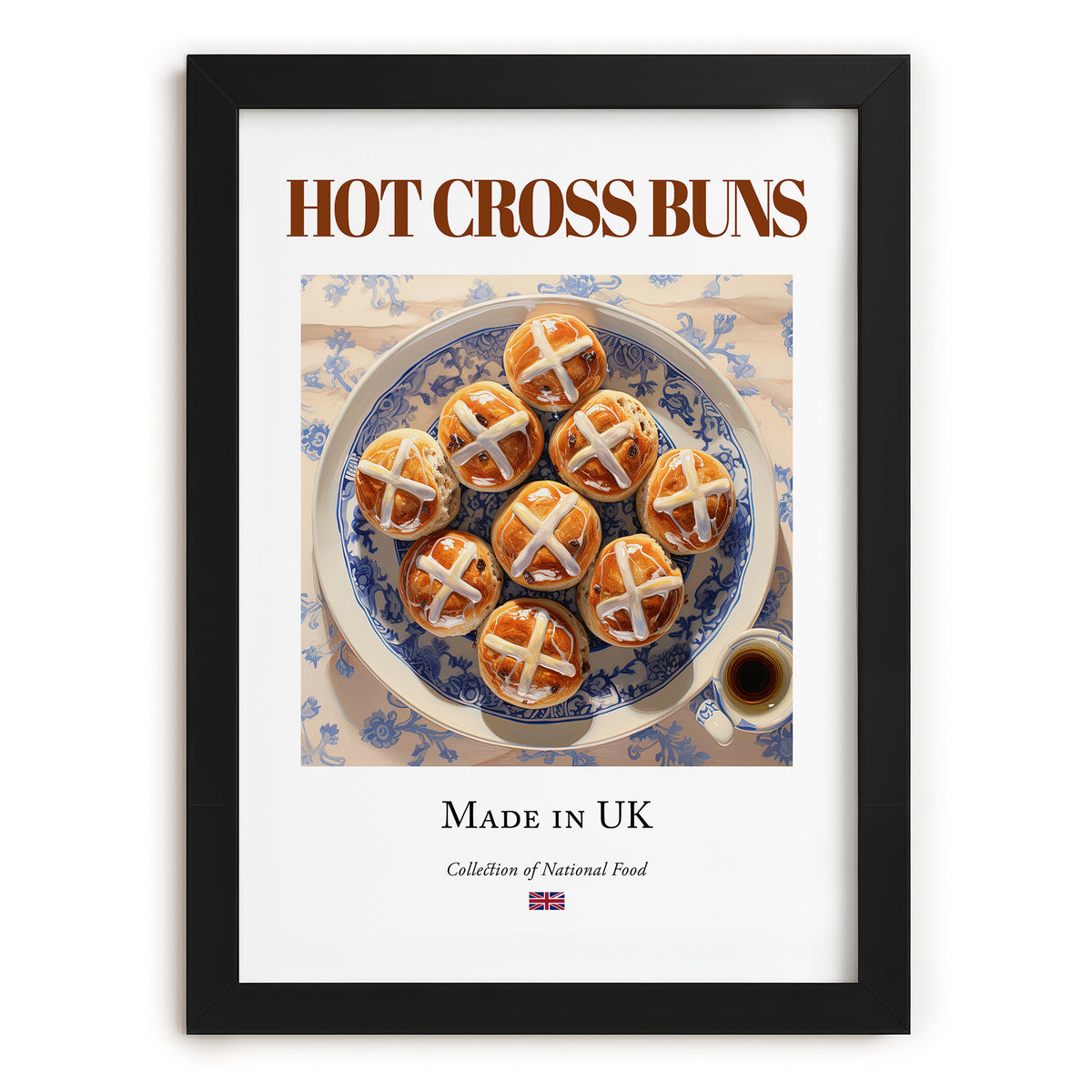 Hot Cross Buns – English Dessert Dish, Café Painting, in sleek black frame