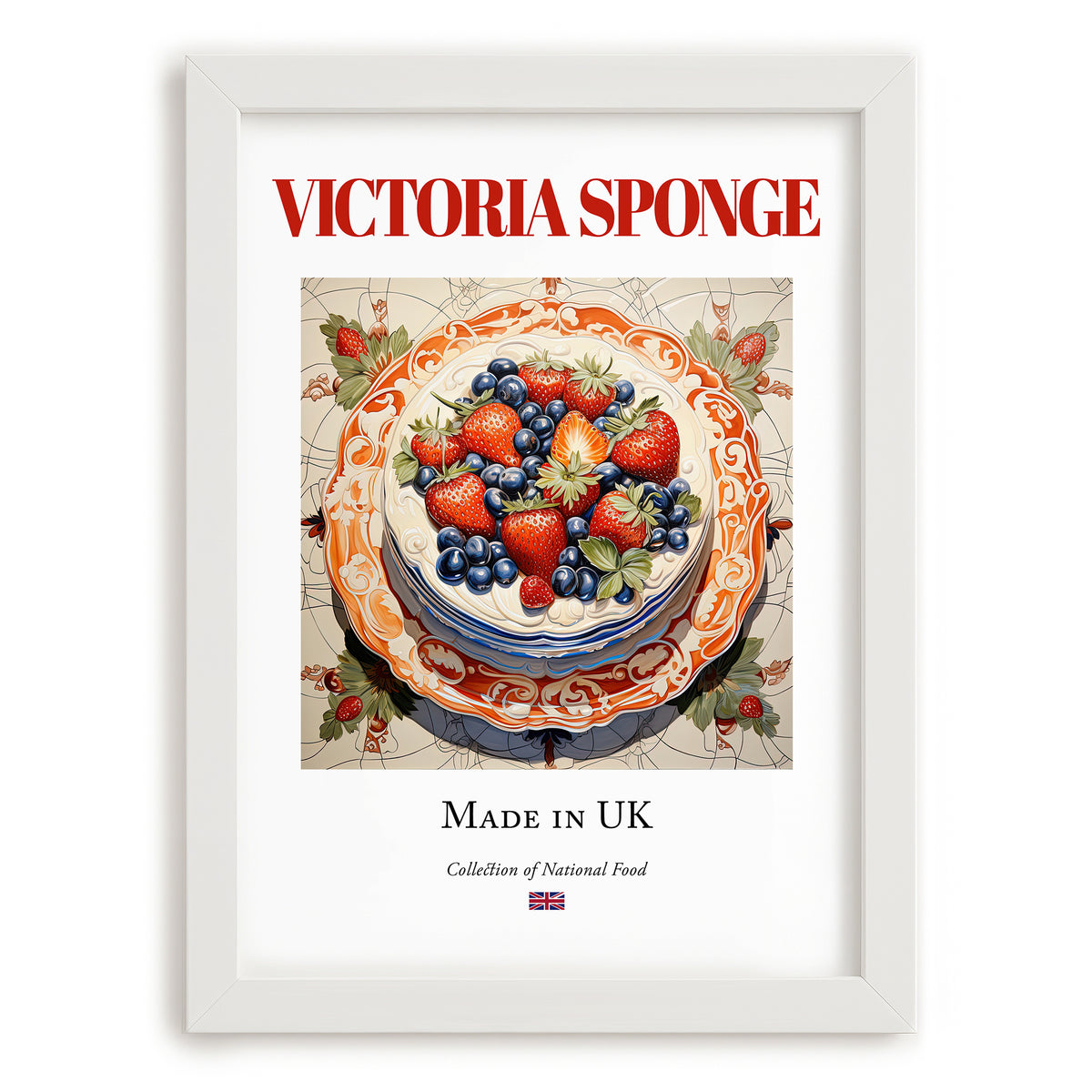 Victoria Sponge – English Dessert Dish, Fine Dining Restaurant Poster, placed in minimal white frame