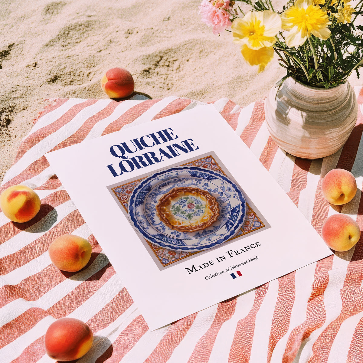 Quiche Lorraine – French Dish, Farmhouse Kitchen Wall Art, unframed on coastal sand