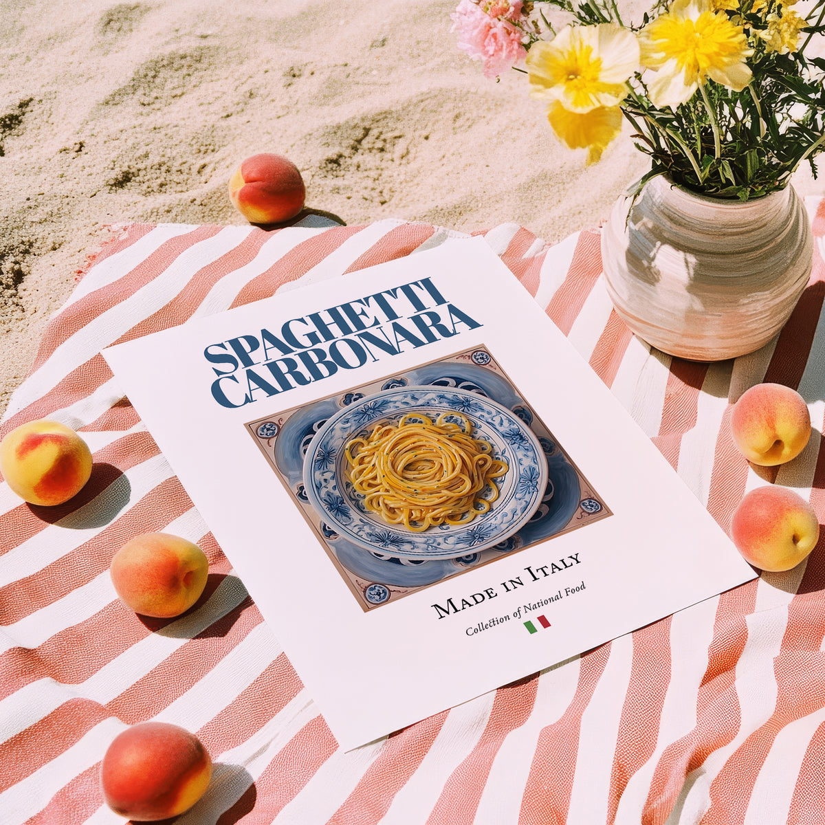 Spaghetti Carbonara – Italian Pasta, Ristorante Poster, unframed on coastal sand