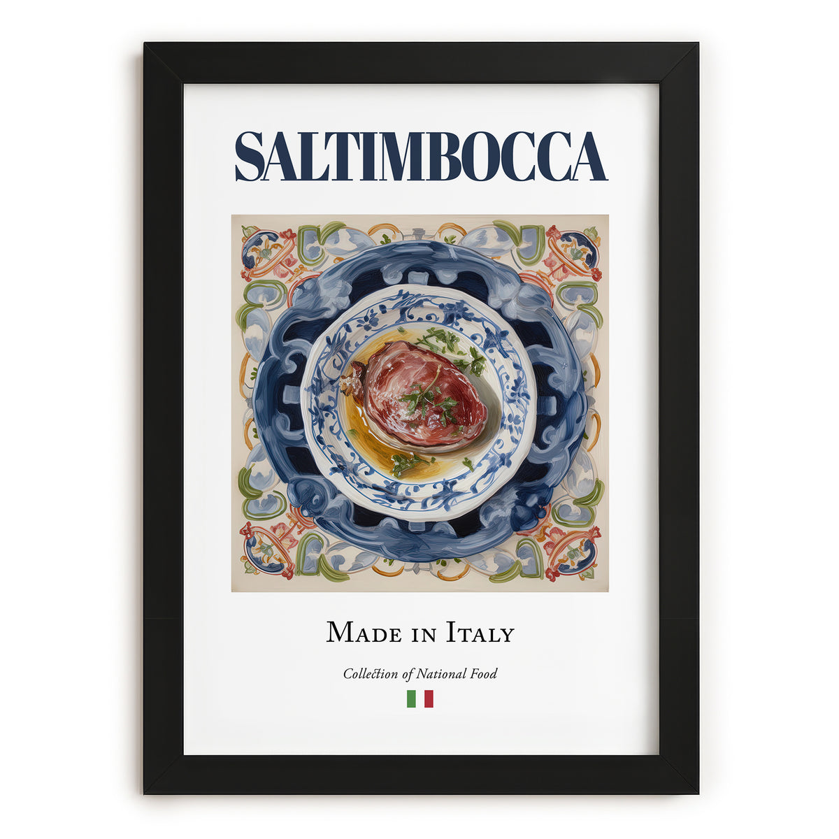 Saltimbocca – Italian Meat Dish, Farmhouse Kitchen Print, in sleek black frame