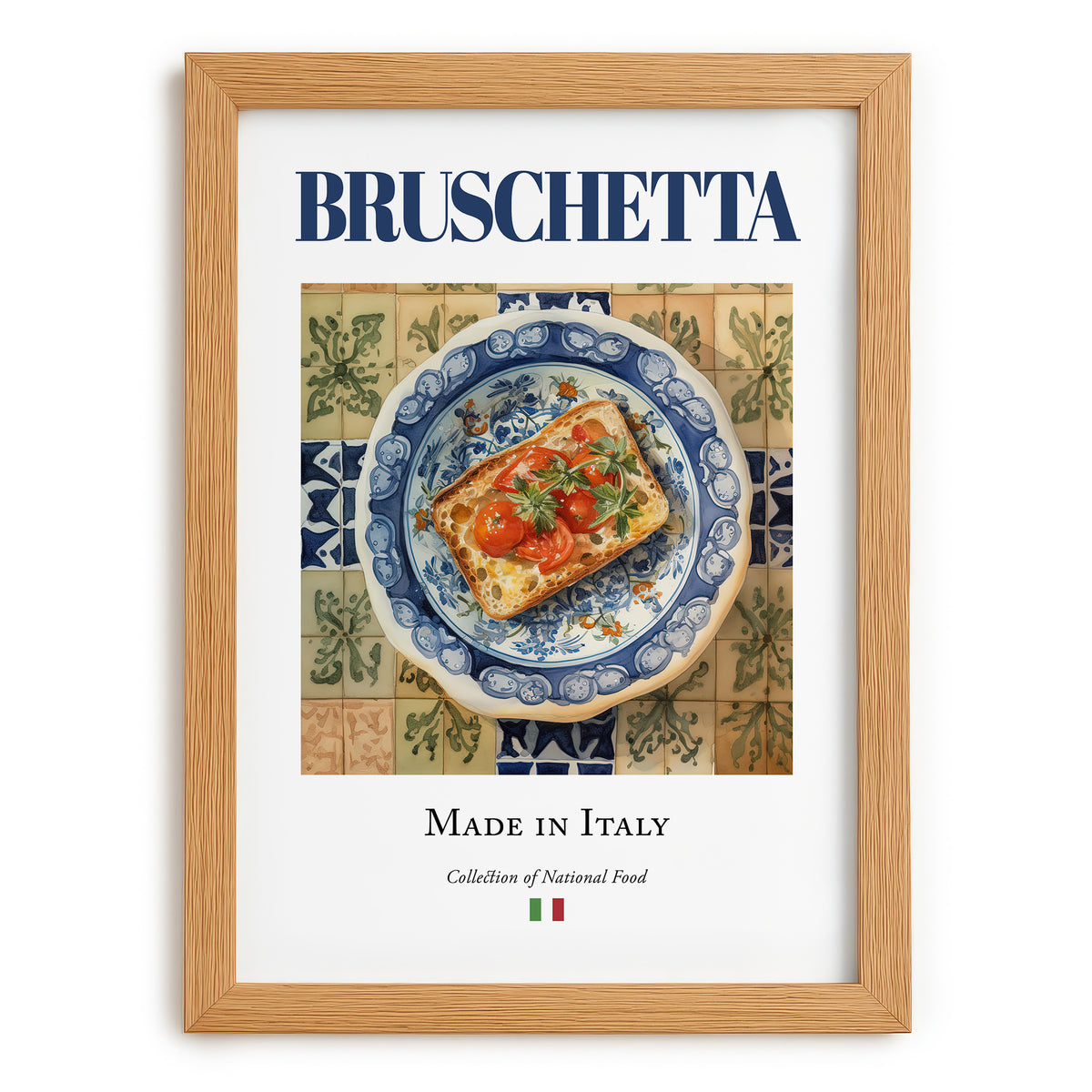 Bruschetta – Italian Snack Dish, Café Wall Art, set in oak frame