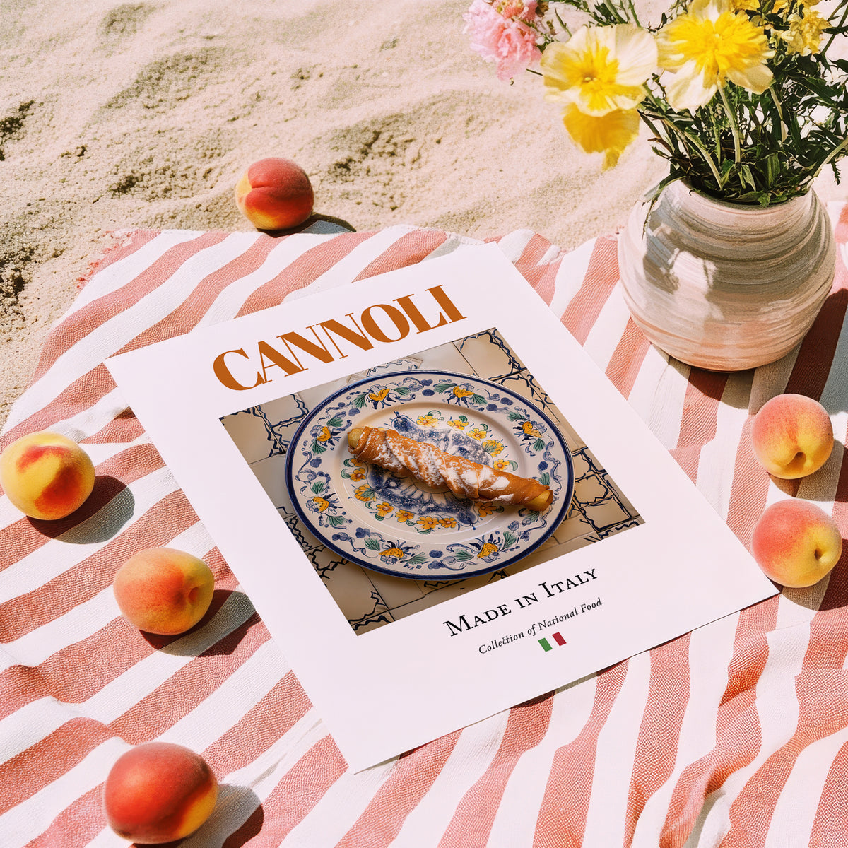Cannoli – Italian Dessert Dish, Brasserie Wall Art, unframed on coastal sand