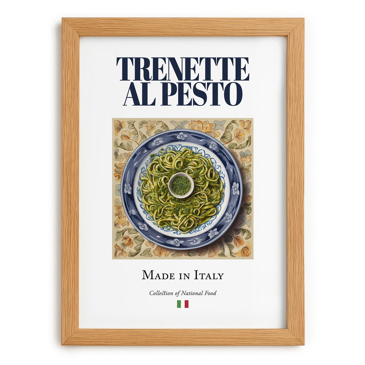Trenette al Pesto – Italian Pasta, Trattoria Wall Art, set in oak frame