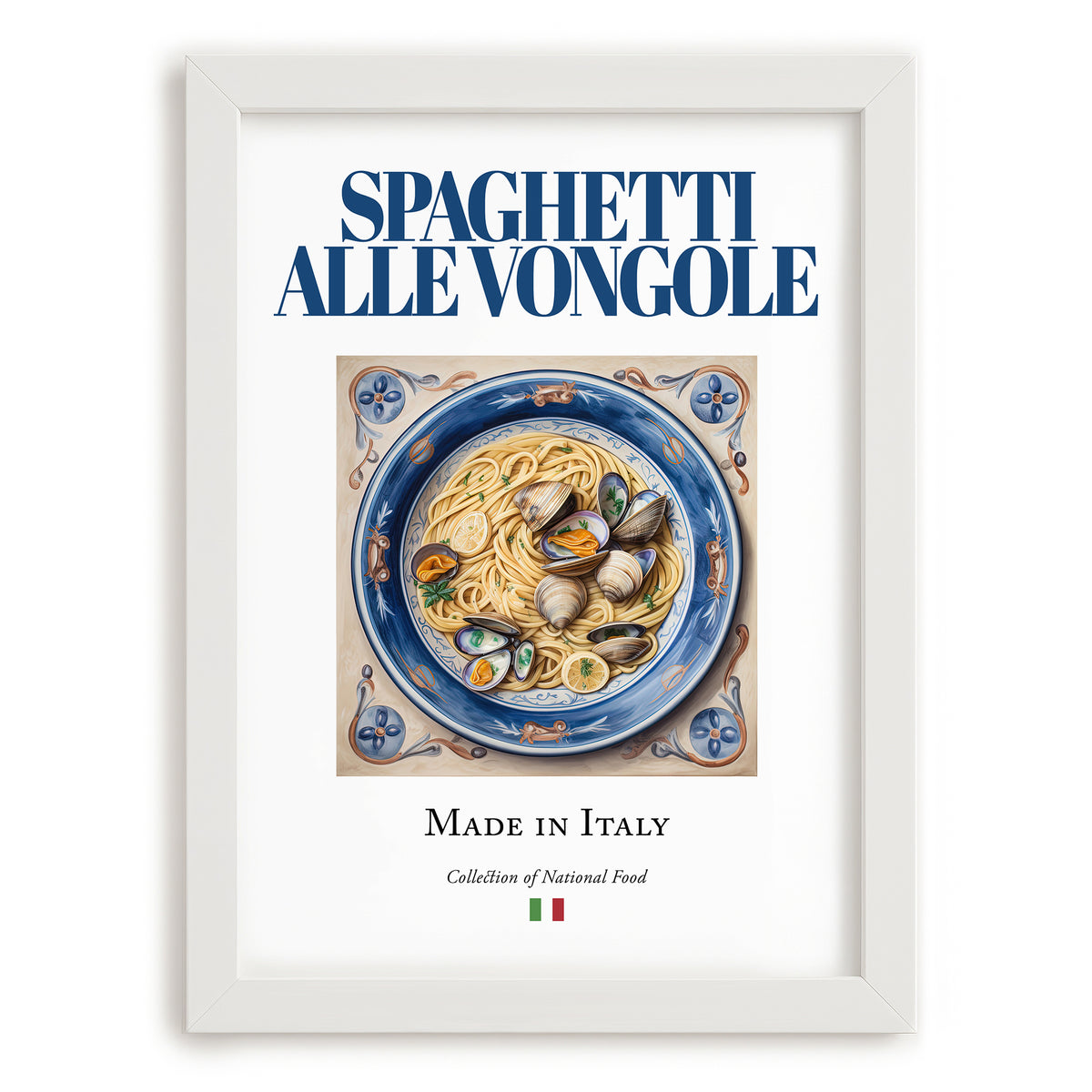 Spaghetti alle Vongole – Italian Pasta, Restaurant Still Life, placed in minimal white frame