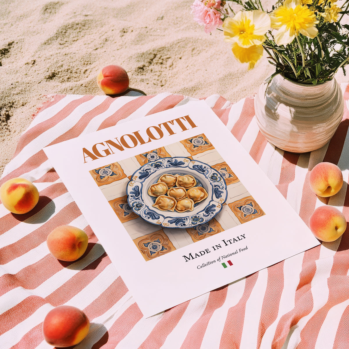 Agnolotti – Italian Pasta, Osteria Wall Art, unframed on coastal sand