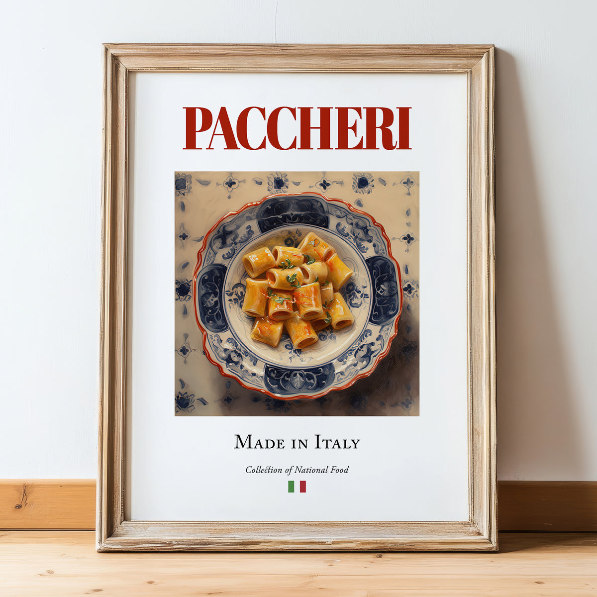 Paccheri – Italian Pasta, Ristorante Poster, in wooden frame leaning on the floor