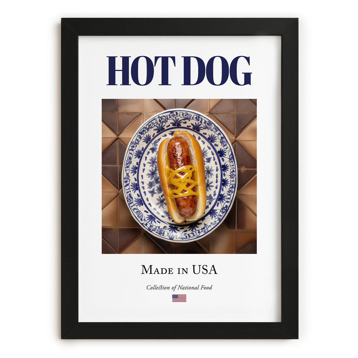 Hot dog – American Snack Dish, Café Illustration, in sleek black frame
