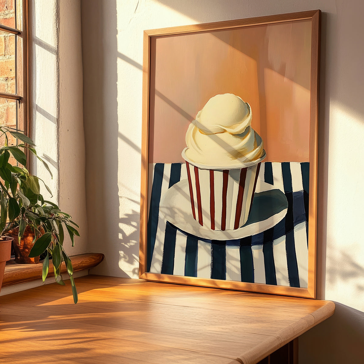 Fior Di Latte – on Striped Tablecloth, Gelato Illustration, clean layout with no caption