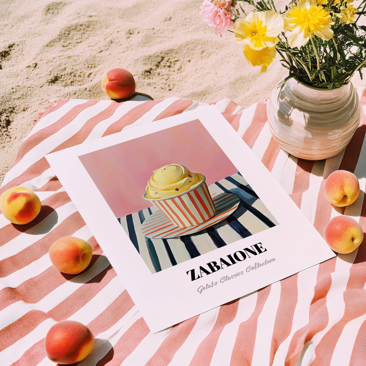 Zabaione – on Striped Tablecloth, Gelato Wall Decor, unframed on coastal sand
