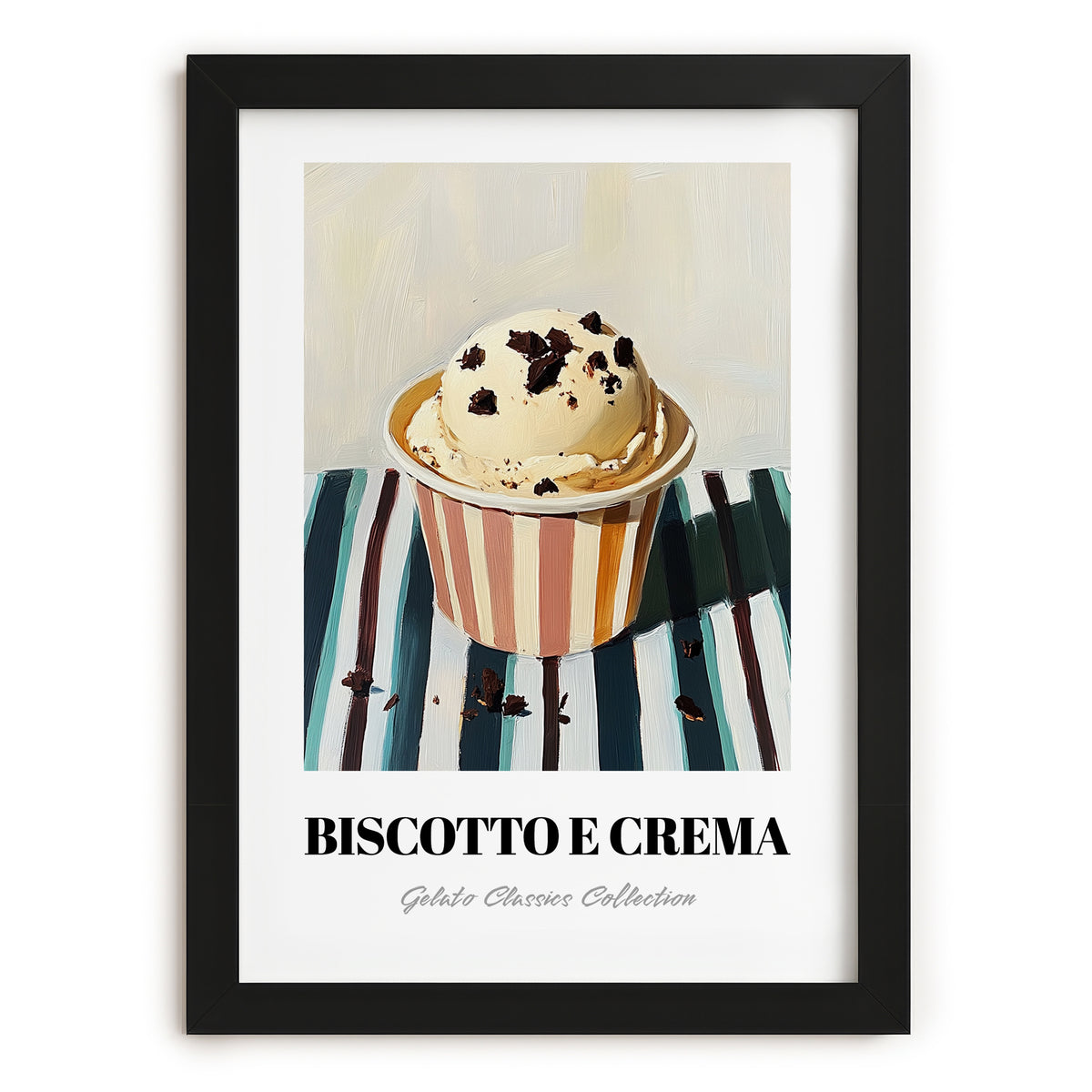 Biscotto E Crema – on Striped Tablecloth, Gelato Painting, in sleek black frame